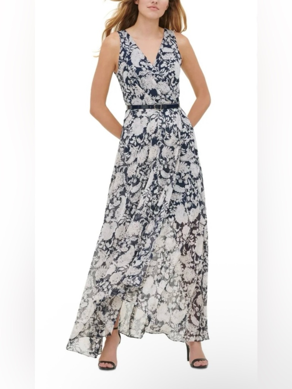 Tommy Hilfiger Navy Floral-Print Belted Maxi Dress